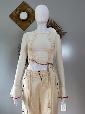 ZYA -  Cream Mesh Long Ruffle Sleeve Blouse